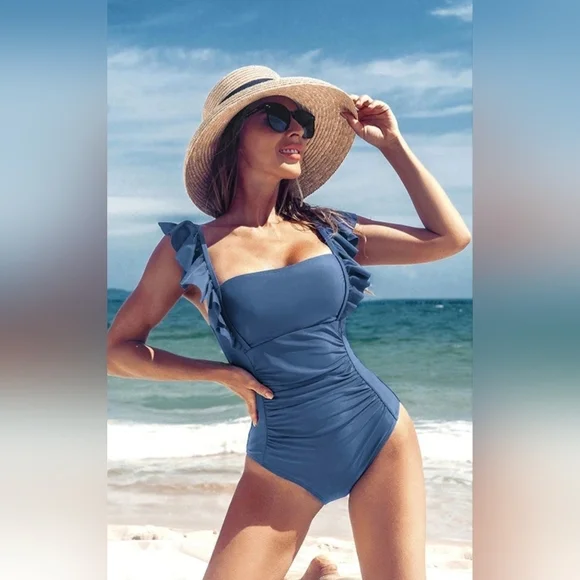 Ruffle Ruched Backless Tummy Control One-Piece Swimsuit #584 - Picture 1 of 8